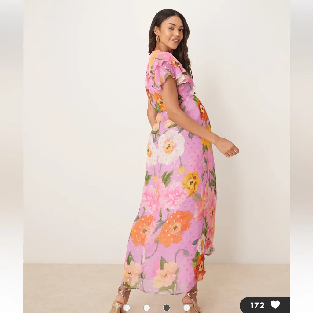 Hope & Ivy Maternity frill sleeve maxi wrap dress with tie waist in blue print Pink Size 10 - Image 3