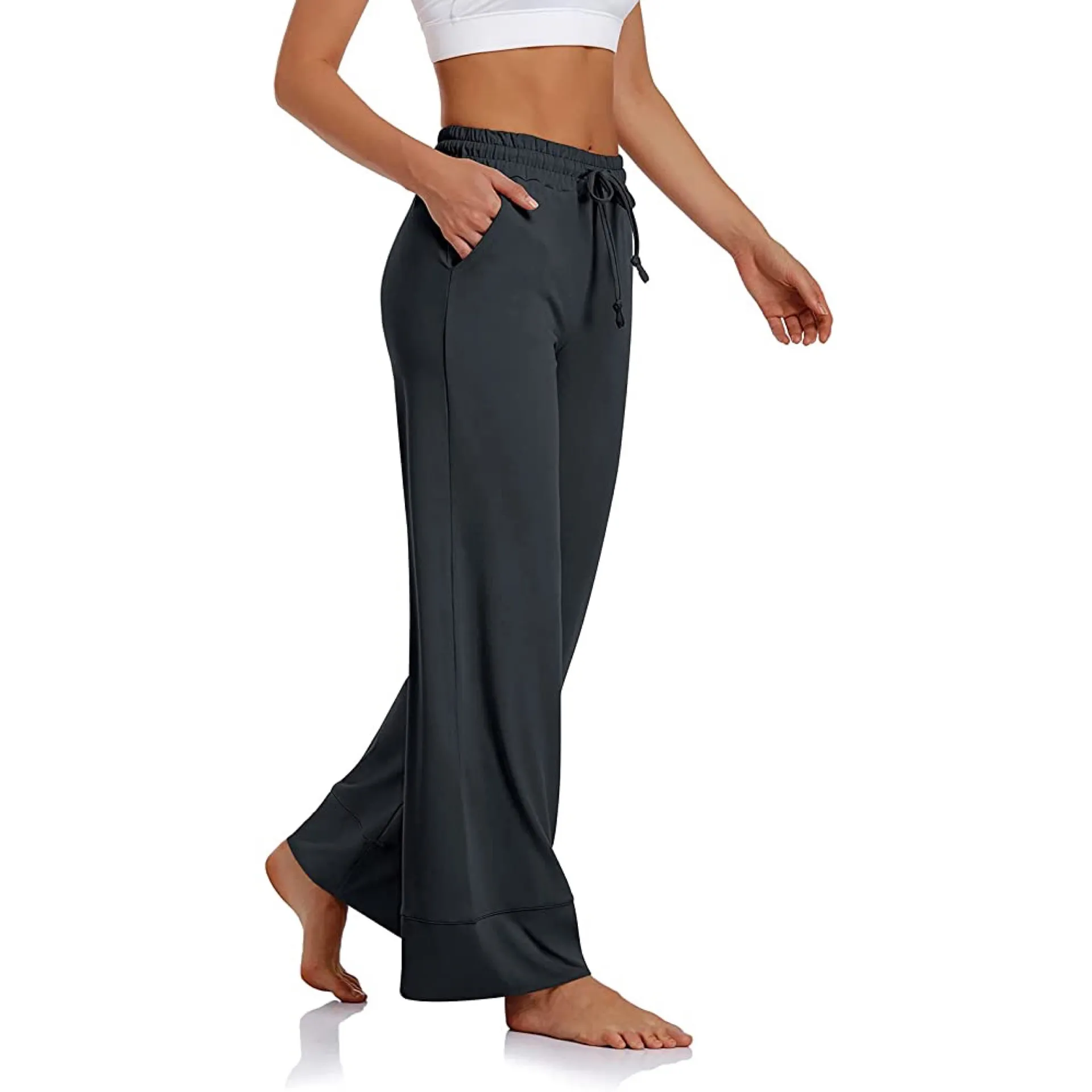 Wide Leg Yoga Pants Drawstring Workout Lounge Pants with Pockets Dark Gray S - Image 4