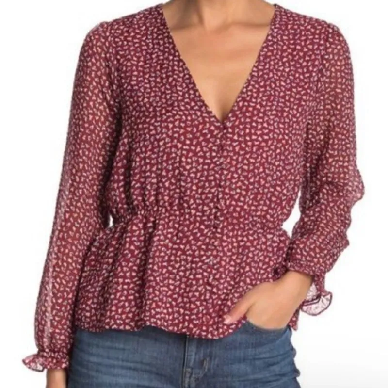 Madewell Red White Ditsy Flowers Overture Top Long Sheer Sleeve Blouse size XS - Image 2