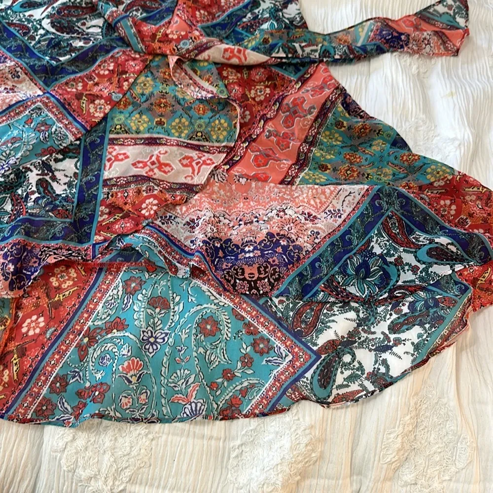 One World Woven Chiffon Ruffle Mixed Patchwork Knit Lined Midi Dress Women's XL - Image 5