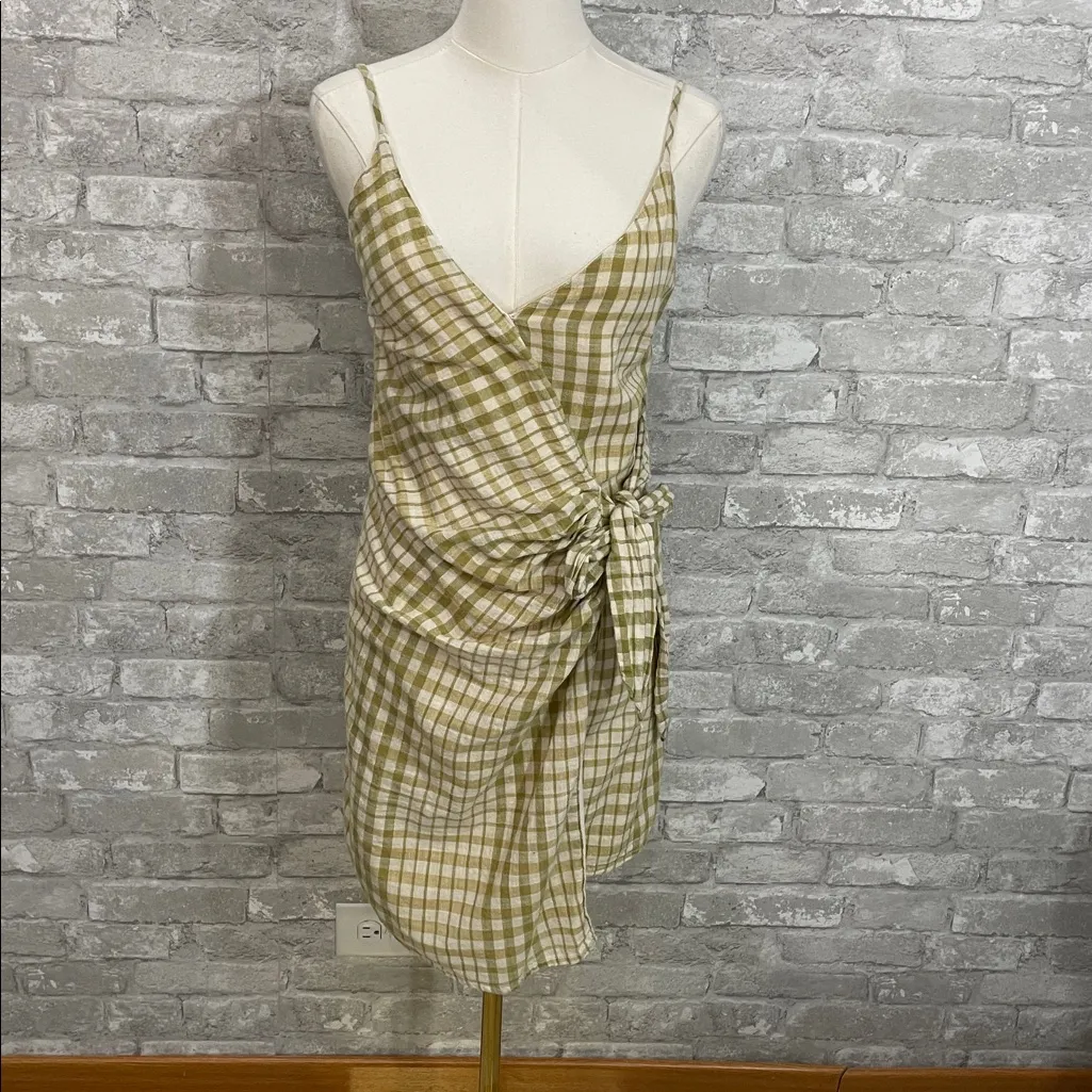 Free People Nodia cotton mini wrap dress in a green and cream gingham pattern. - Image 2