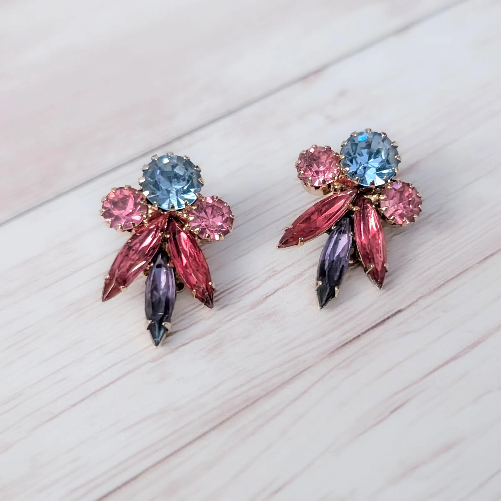 Vintage Clip On Earrings Pink, Blue, Purple Stylish Regal Statement Pink - Image 3
