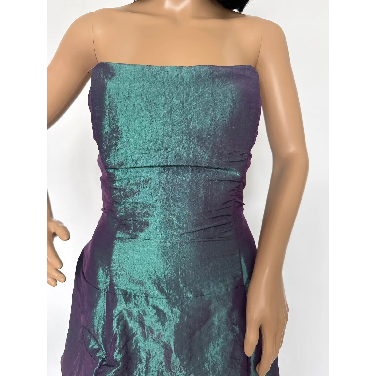 Vintage 80's F.I.E.S.T.A. iridescent teal taffeta draping strapless gown Medium - Image 12