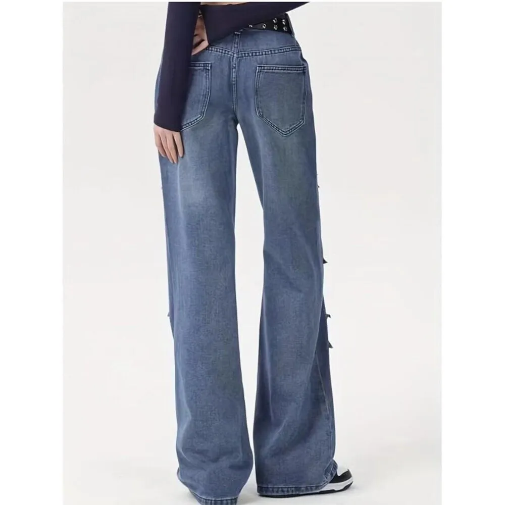 Women’s Denim Trendy High Waist Wide Leg Y2K Jeans Star Patch Pants Sz Small - Image 2
