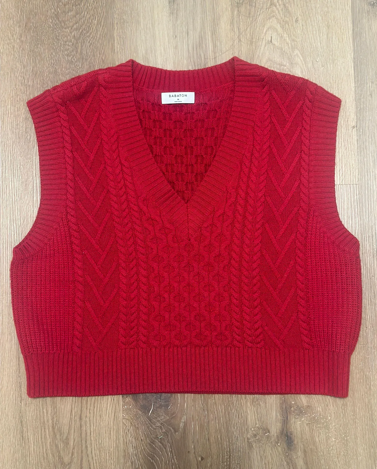 Babaton Emporia Merino Wool Cable Knit Relaxed Sweater Vest Red Women’s Medium - Image 2