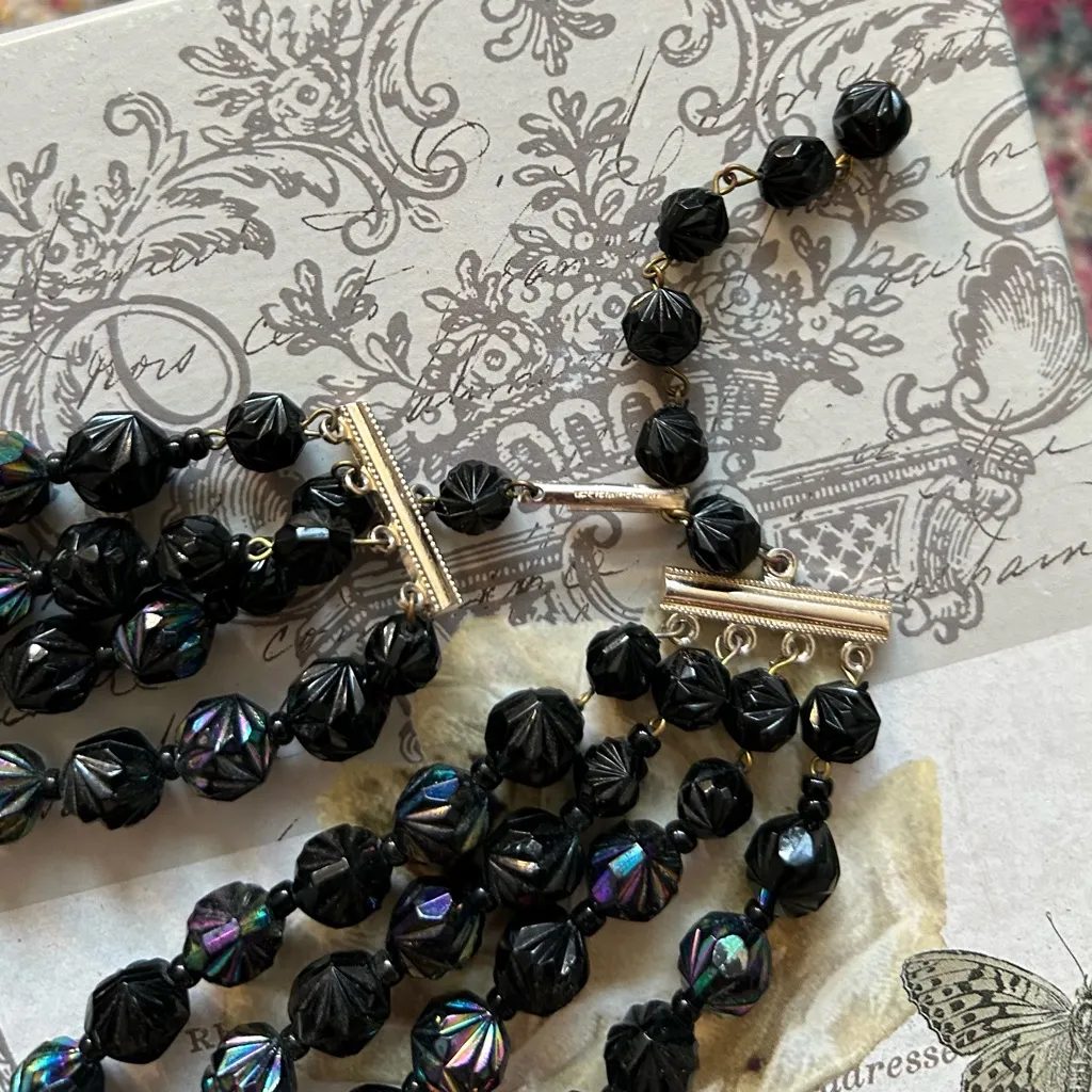 SUPERB Vintage 4 Strand AB Faceted Plastic Black Beaded Necklace WEST GERMANY - Image 5
