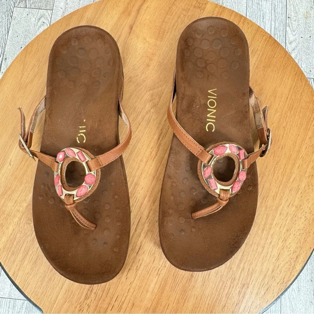 Vionic Ricci Thong Leather Sandals Brown Coral 7 Stone Medallion - Image 7