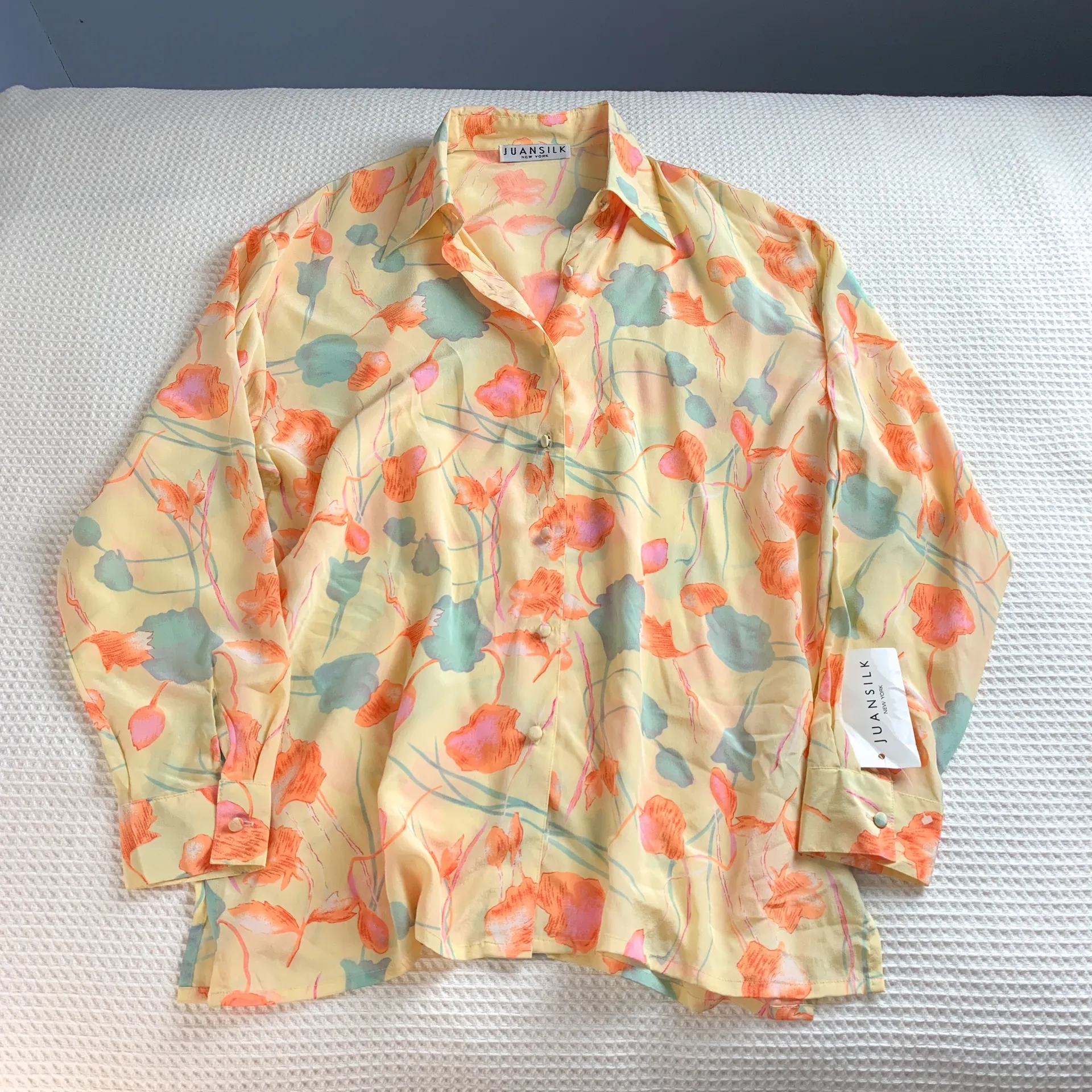 American Vintage Vintage 90s Yellow Floral Silk Button Down Shirt Blouse - Image 5