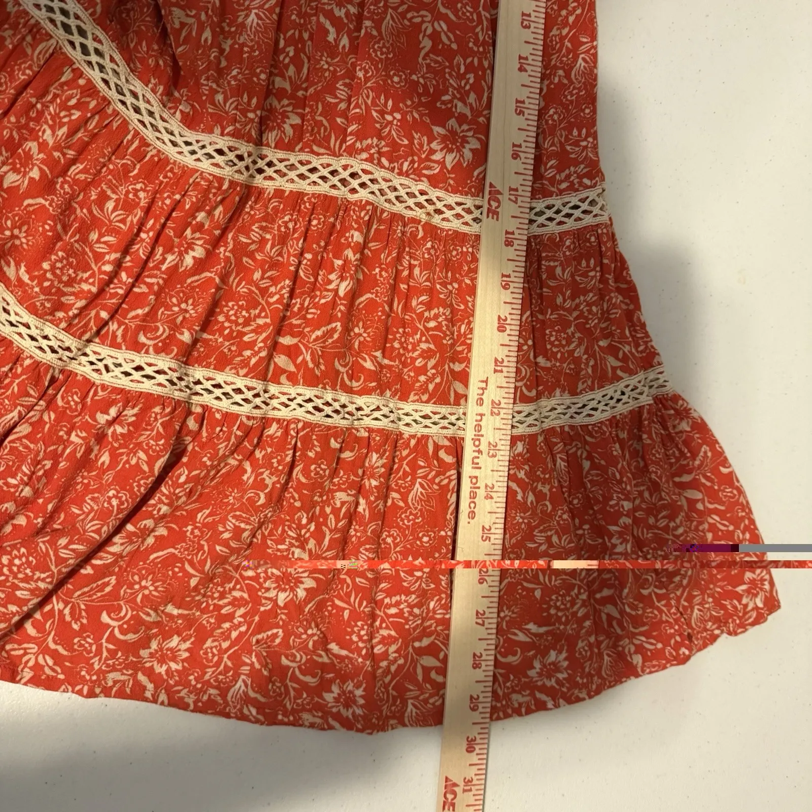 Free People XS Orange Boho Print Tunic Top Blouse W Ivory Crochet Trim Tiered - Image 9