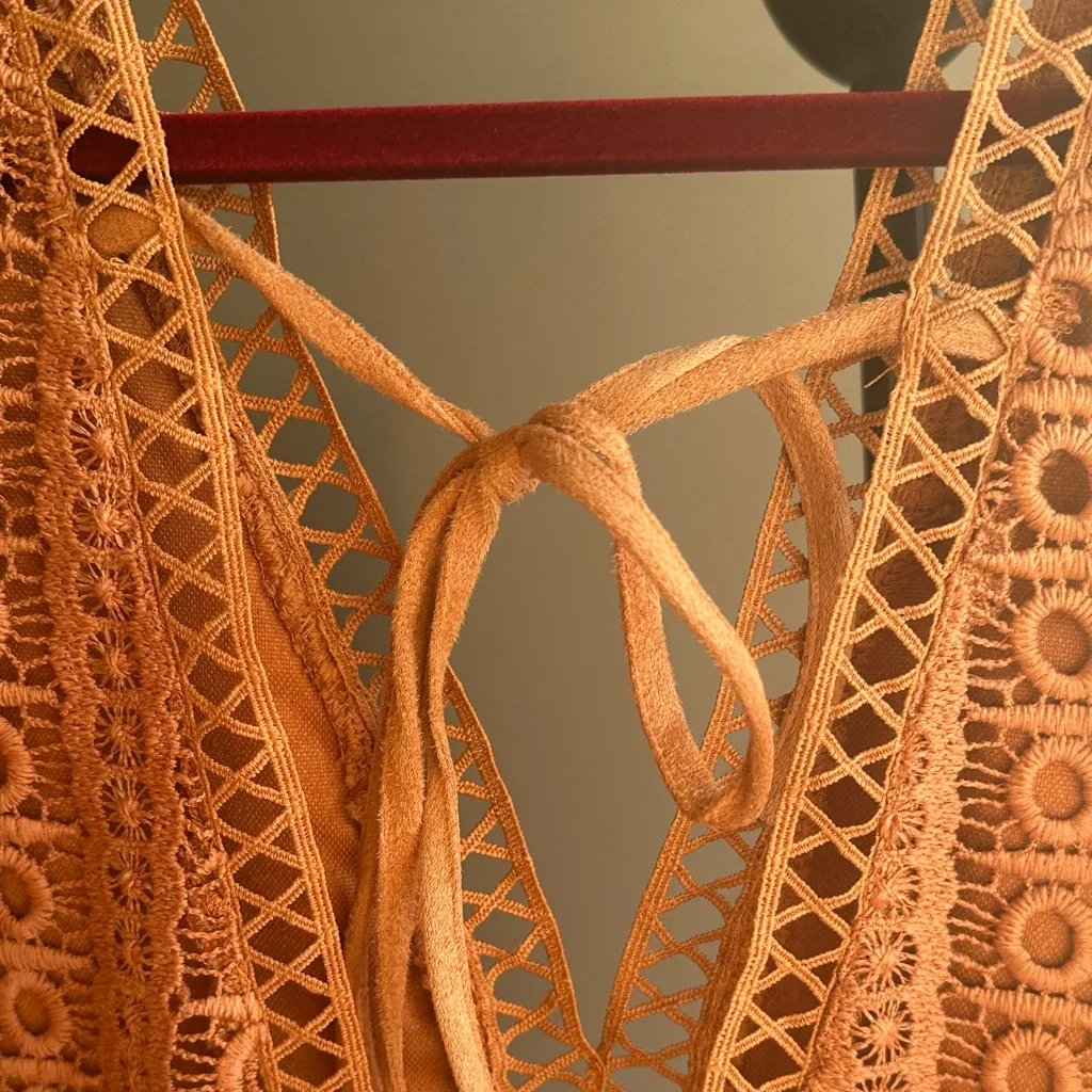 Eyelet Cut Out Western Faux Suede Dress Burnt Orange Tan Color with Bell Sleeves Size XL - Image 10