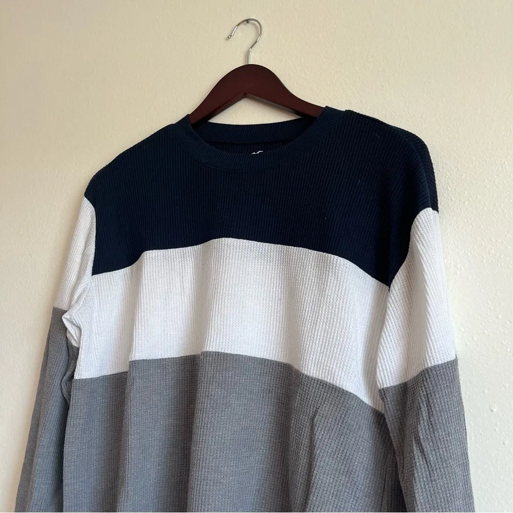 Hollister Womens Oversized Boyfriend Thermal Tee Blue Gray White Striped Crop XS - Image 2