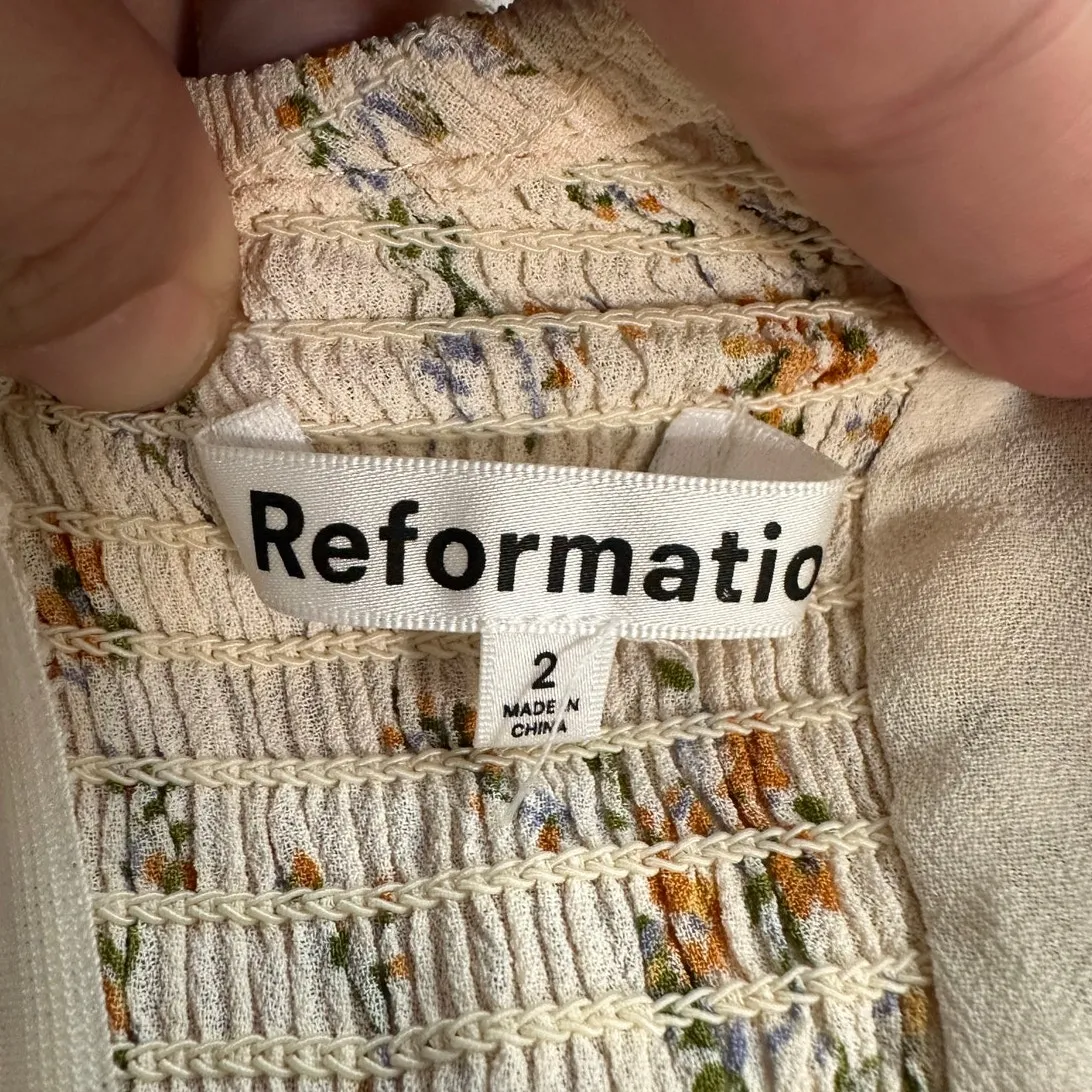 Reformation Midi Dress Yellow Floral Sweetheart Neckline Cap Sleeve - Image 3