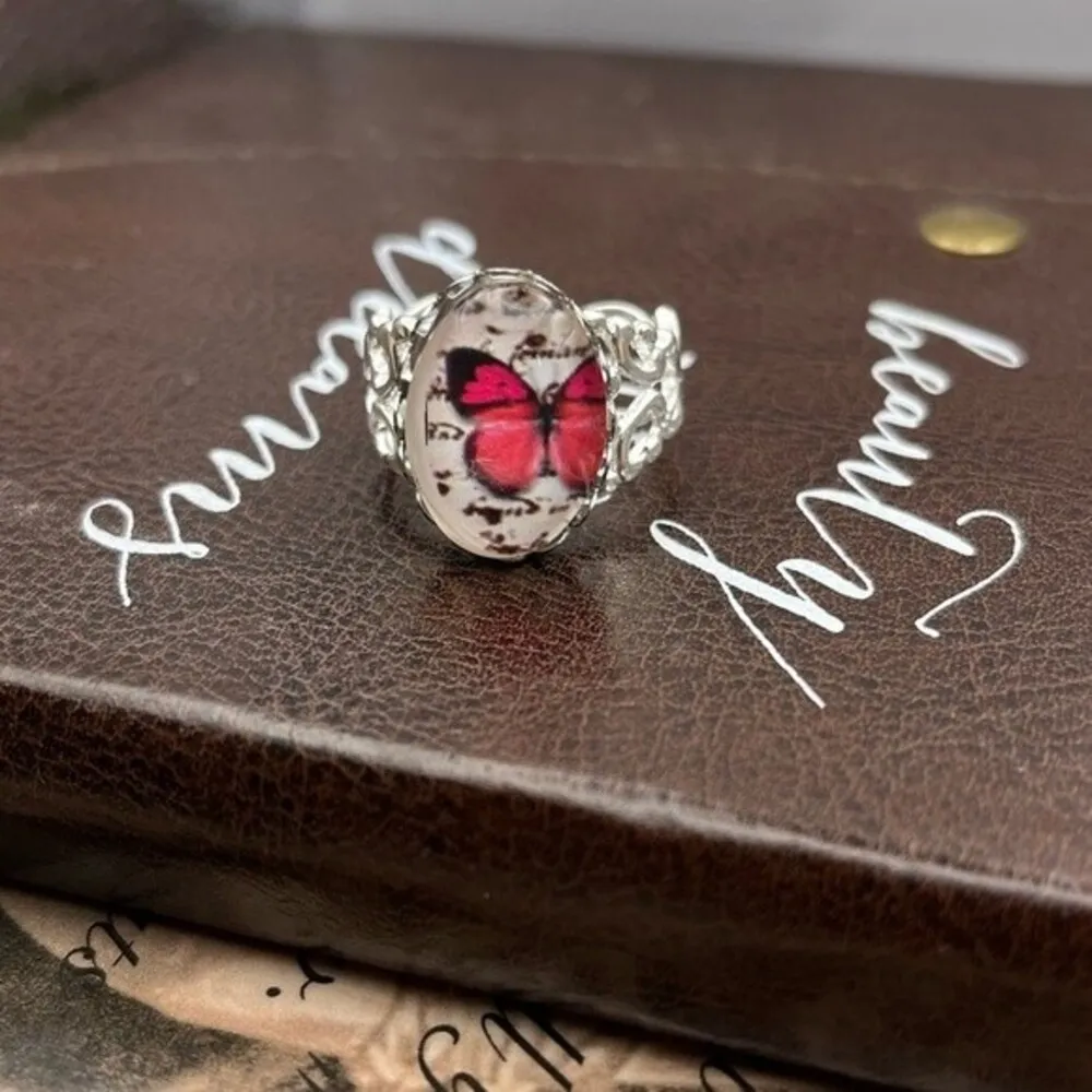 Red Monarch Butterfly Glass Stainless Steel Filigree Ring - Image 6