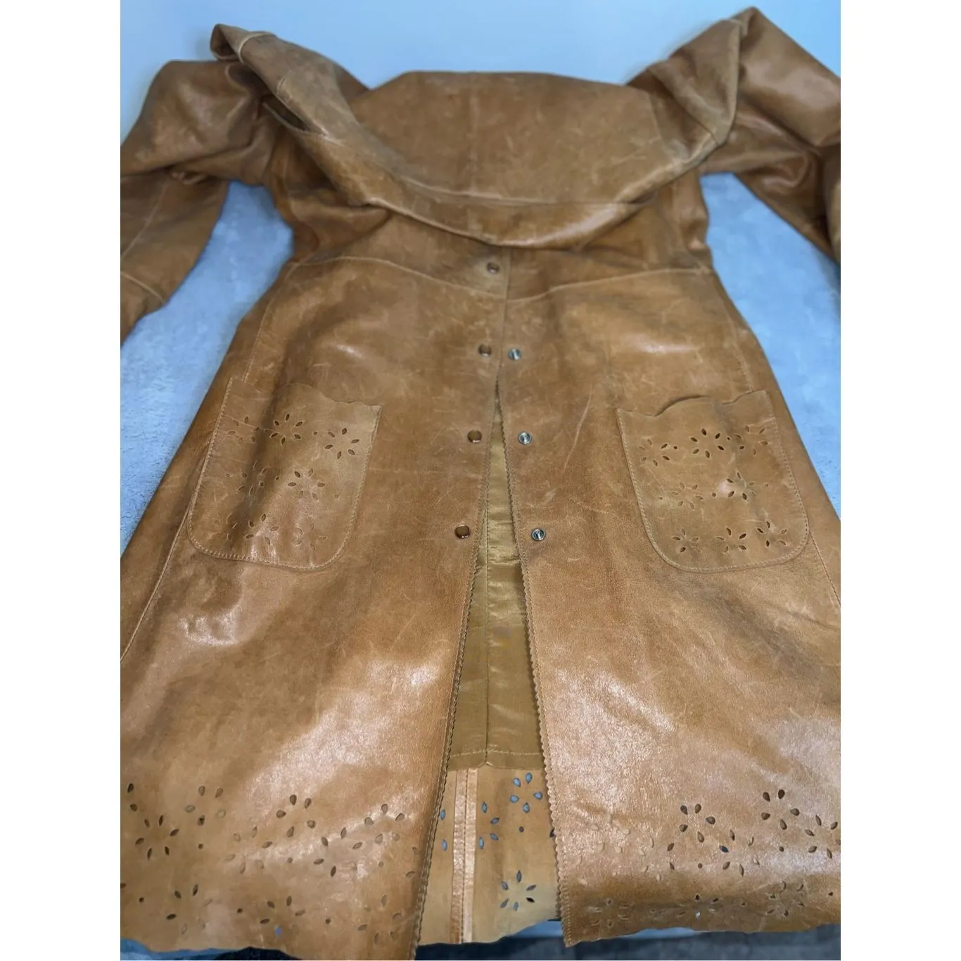 Wilsons Leather Duster Caramel Tan Trench Eyelet 70s Pearl Snaps Coat - Image 12