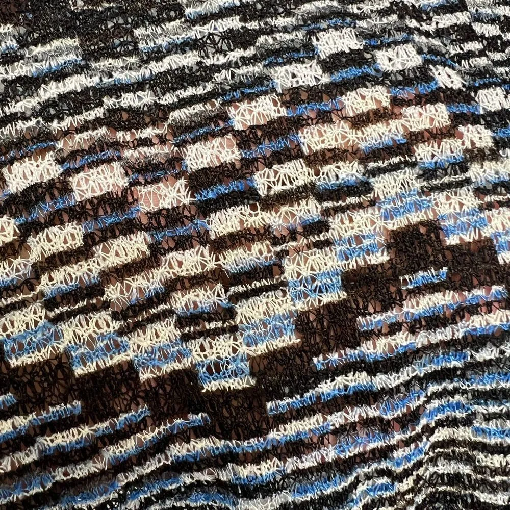 Poof Boho Casual Topper Blouse Womens Crochet Blue Multi Plaid Short Sleeve Larg - Image 4