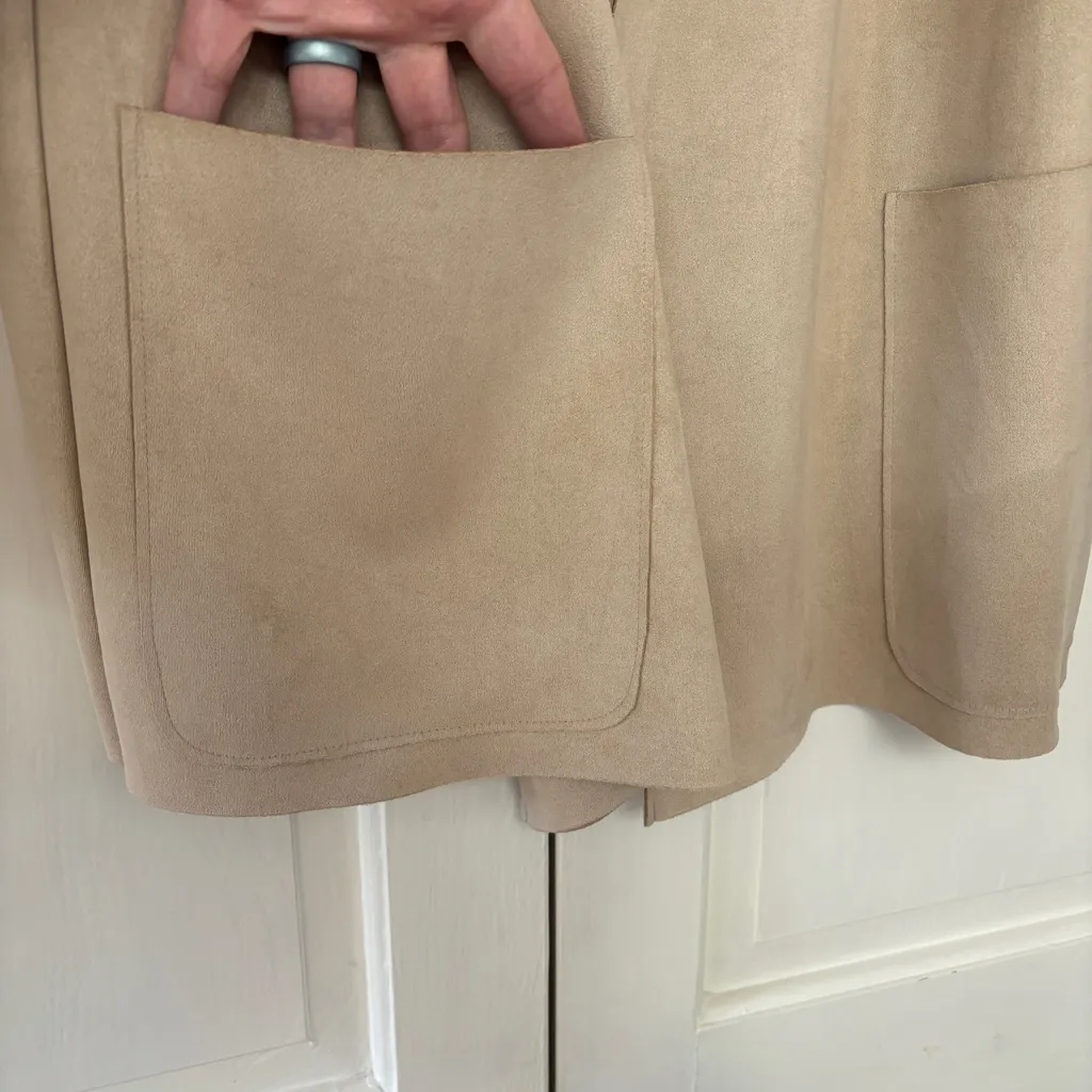 Premise Faux Suede Drape Open Front Long Line Jacket Cream Tan Plus Size 2X‎ - Image 5