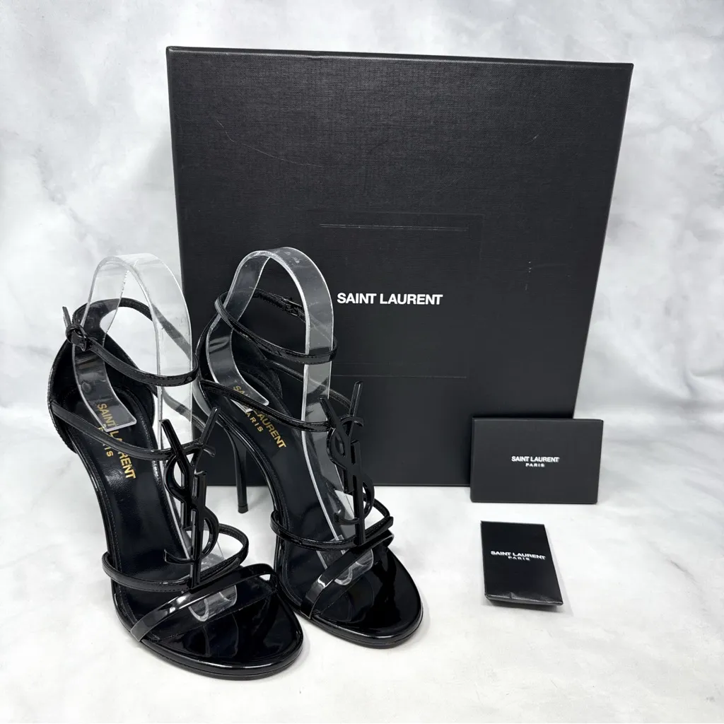 Saint Laurent YSL Cassandra Patent Leather Strappy Sandal Heel Designer Black 37 - Image 3
