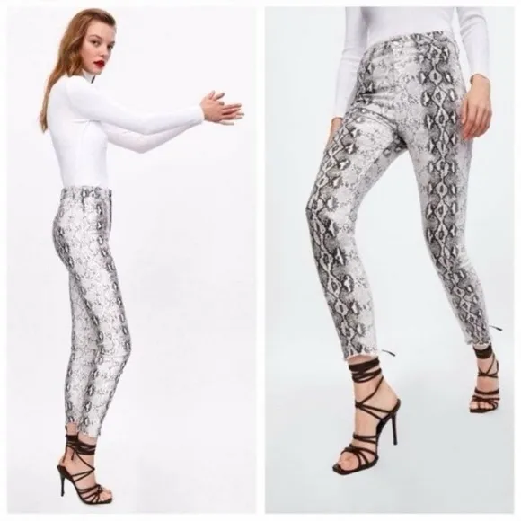 New Zara Snake Print High Rise Skinny Raw Hem Crop Jeans sz 6 - Image 2