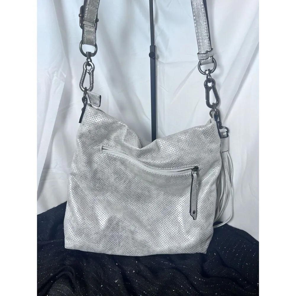 Suri Frey Crossbody Shoulder Hobo Bag Purse Silver Vegan Tassel EUC - Image 6