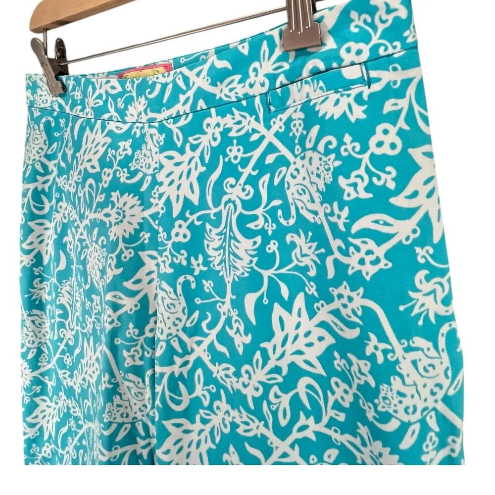 Lilly & Van Chino Pants Women 6 Blue White Floral Tiger Crop Stretch Tropical - Image 2
