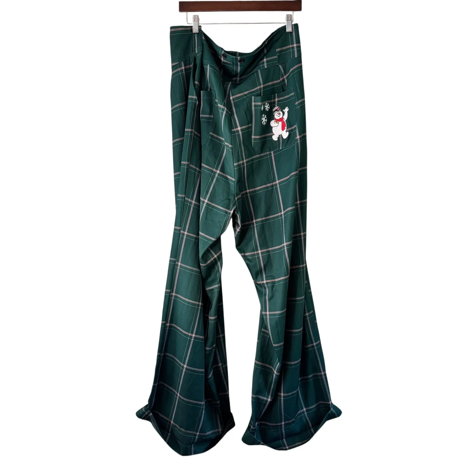 Unique Vintage x Frosty the Snowman Plaid Flare Pants 5X‎ Green Pink - Image 10