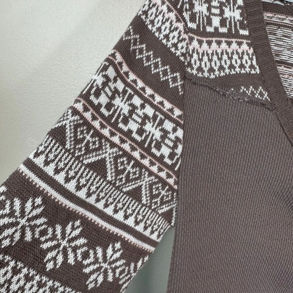 NEW Free People Shirt Size Small Cabin Fever Fair Isle Thermal Long Sleeve Taupe - Image 6