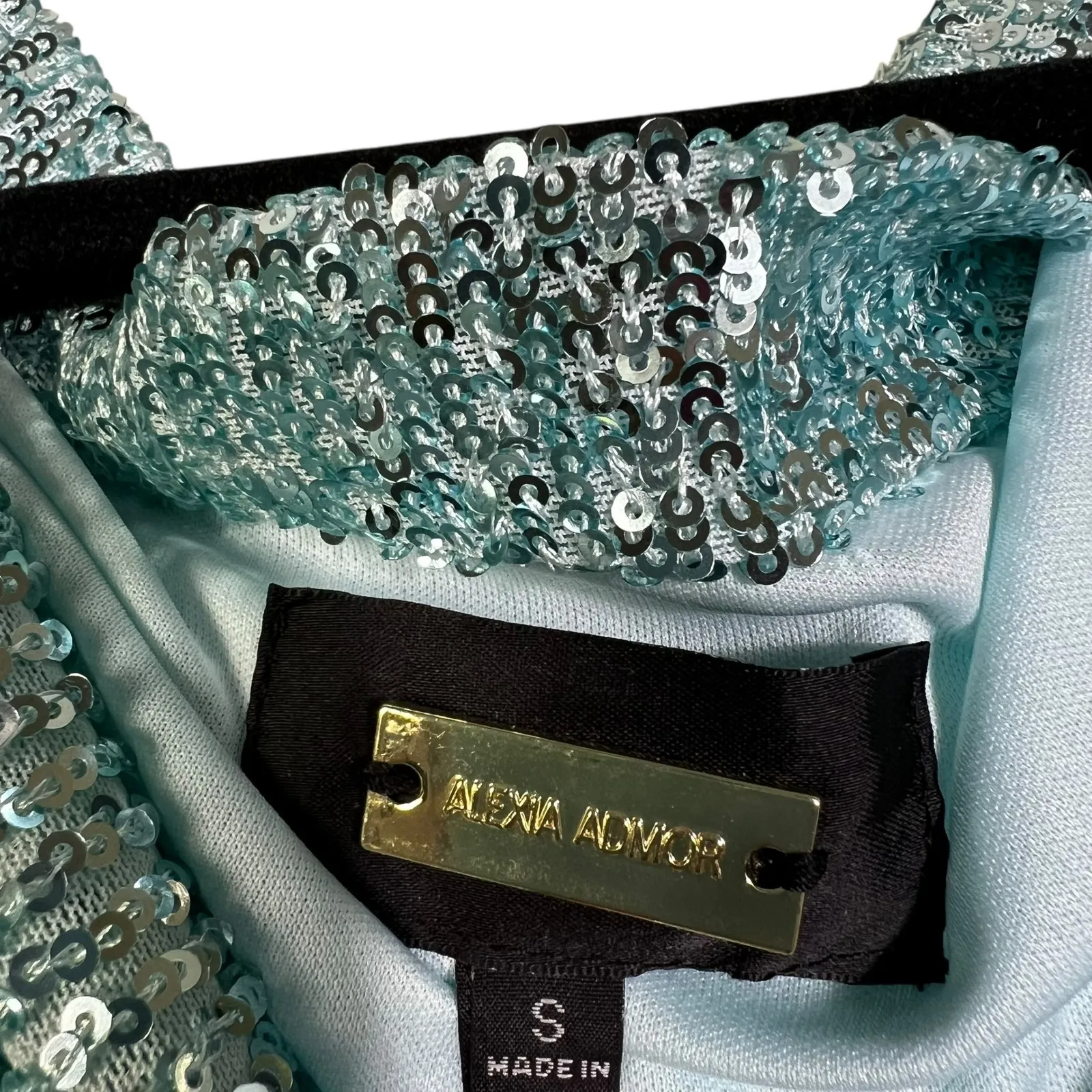 ALEXIA ADMOR Sequin Cowl Neck Midi Dress Aqua Blue Short Sleeve S - Image 6