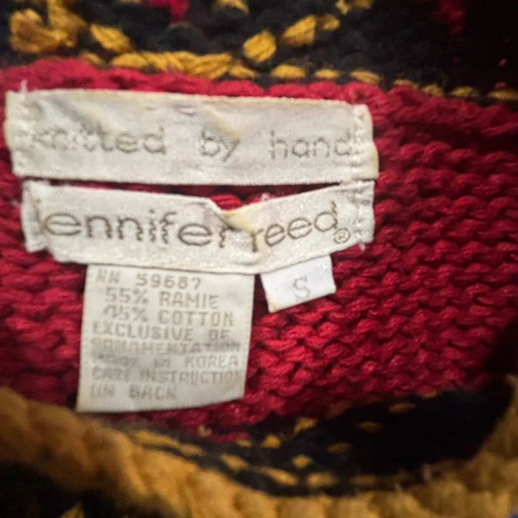 Vintage Hand Knit Sweater Red Ramie Cotton Beaded Retro Chunky Bold 80s 90s S - Image 4