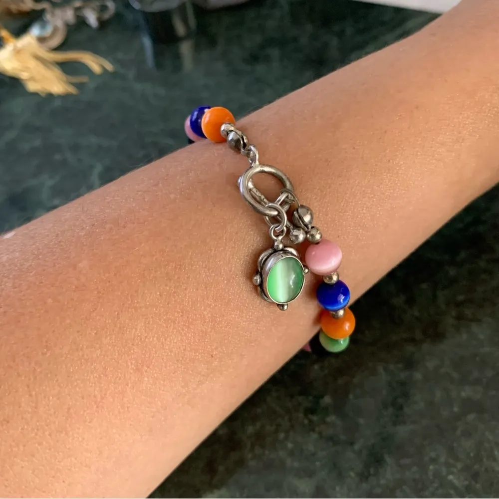 Multicolor Cats Eye And Beaded Sterling Silver Bracelet With Charm Toggle 7.25” - Image 7