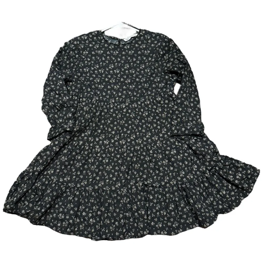 Zara floral print babydoll mini dress black tan floral print size medium - Image 6