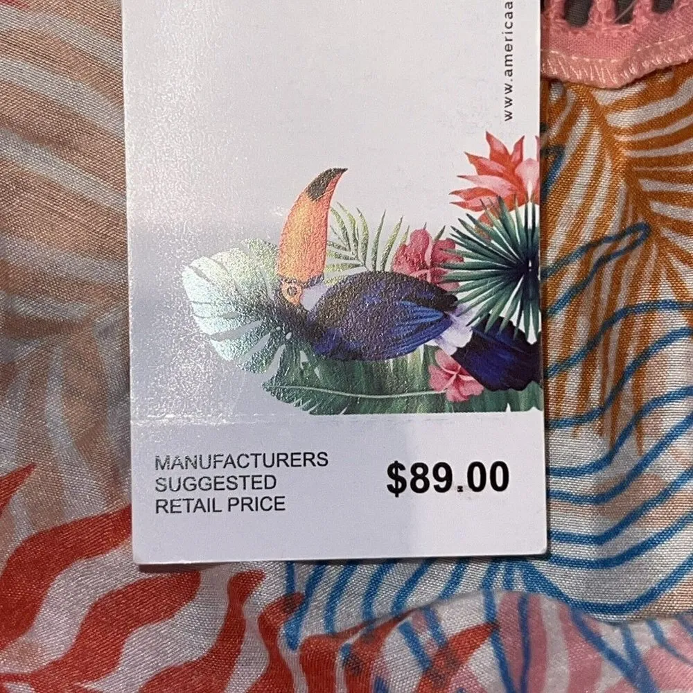 AMERICA AND BEYOND BEACH COVER UP PINK LONG DRESS TROPICAL POM POM WOMEN LARGE‎ - Image 8