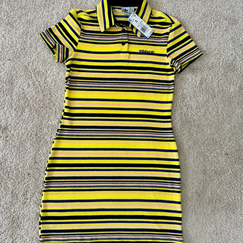 Y2K adidas Originals Striped Polo Towel Terry Dress Yellow Blue JC5329 Small - Image 2