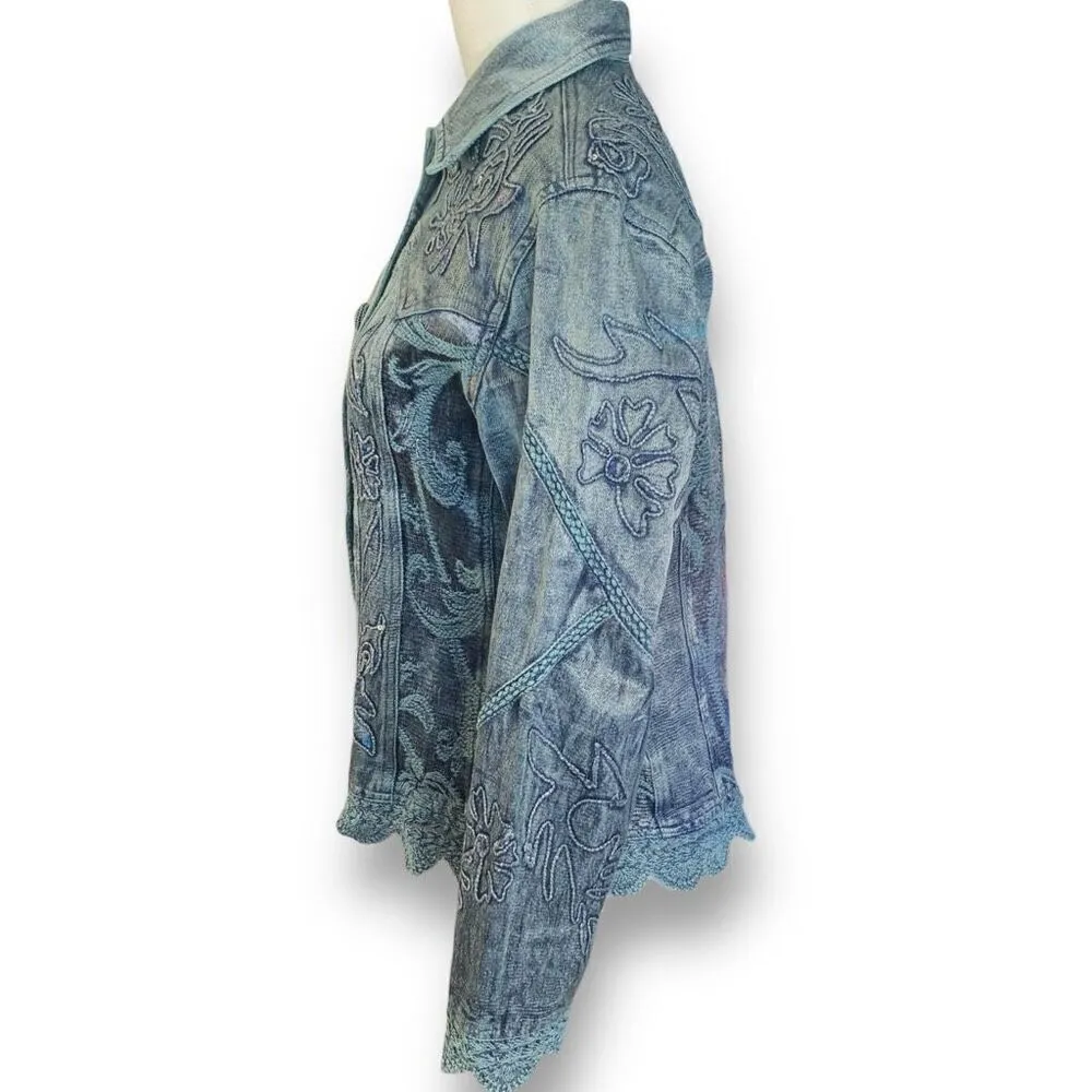 Vintage 90s Embroidered Jacket Metallic Blue Floral Detail Lace Crochet Small - Image 2