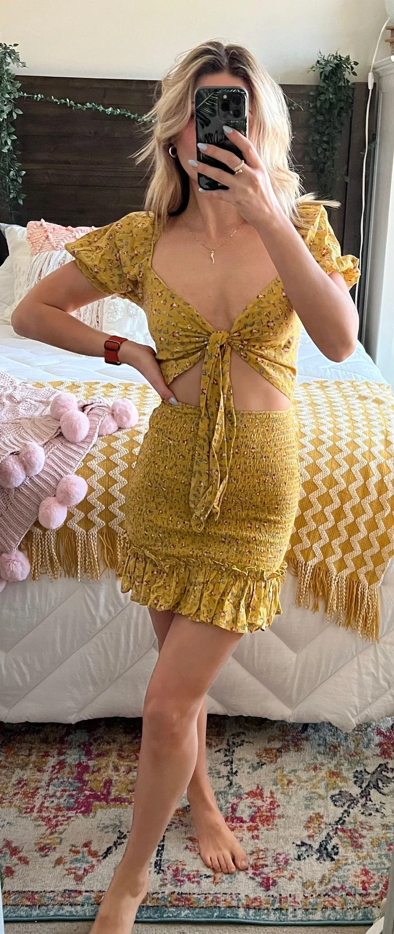 Yellow Floral Mini Dress - Image 3