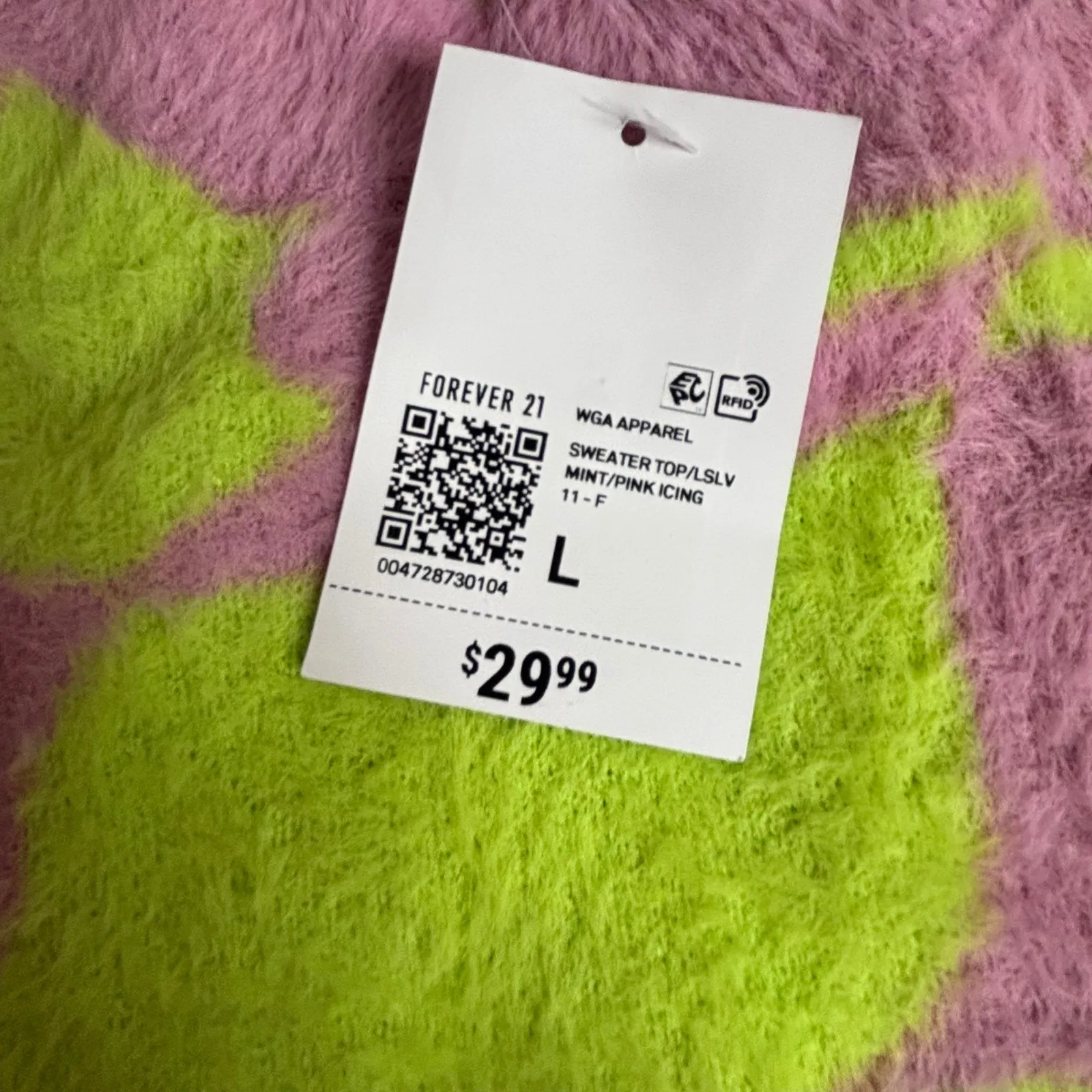 FOREVER 21 Fuzzy Pink Neon Green Abstract Print Mock Neck Sweater Top L - Image 2