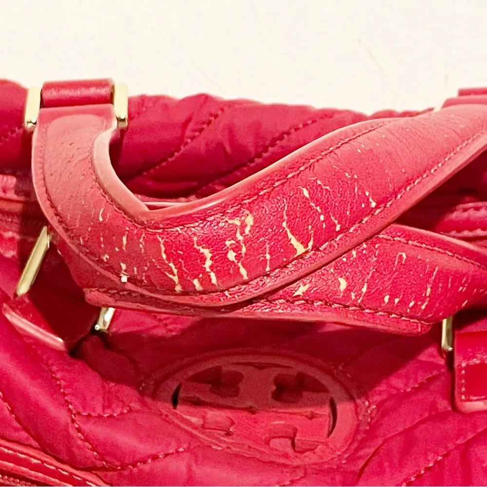 Tory Burch Red Quilted Nylon Slouchy Satchel Shoulder Handbag Purse - Image 3