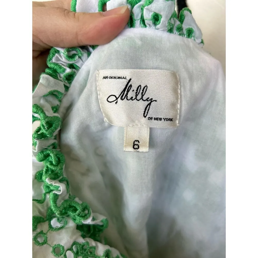 Vintage Milly New York Kelly Green & White Eyelet Floral Ruffle Neck Shift Dress - Image 7