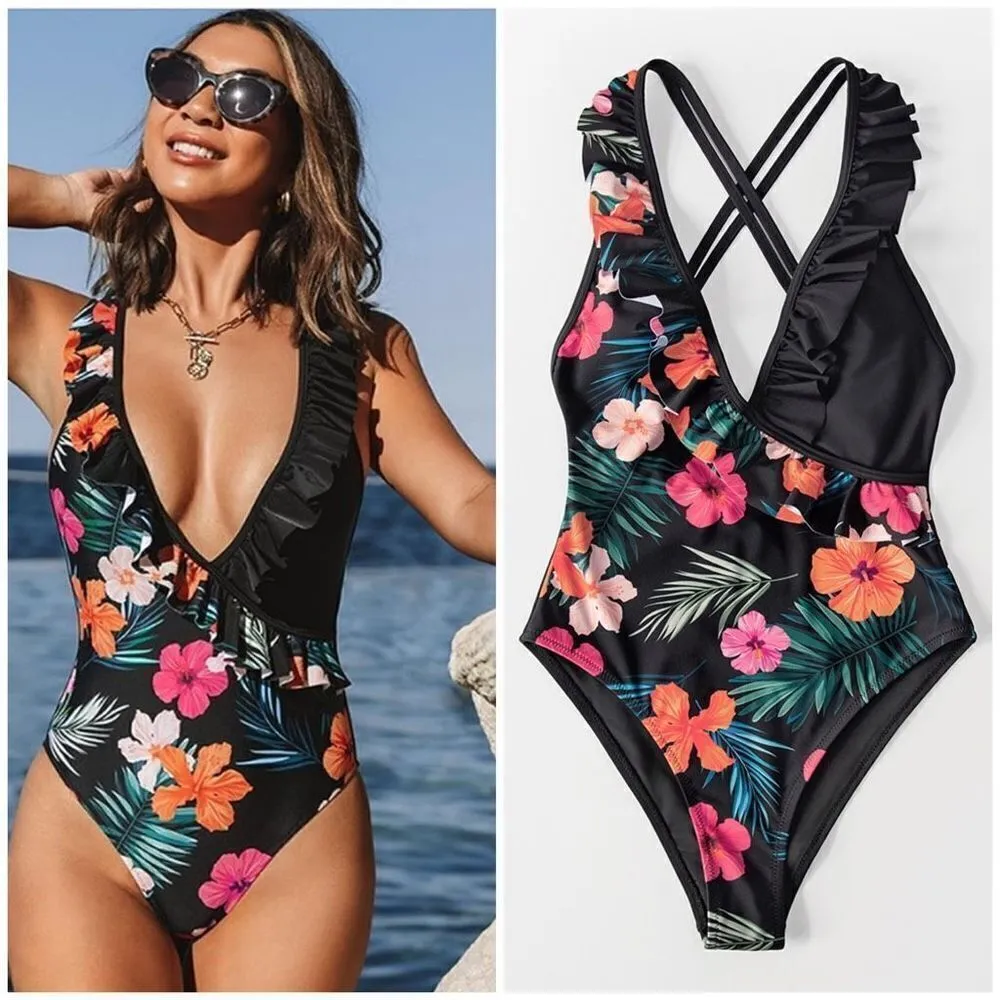 NWT Womens Seaselfie The Tropics Floral Ruffle Swimsuit Bathing Suit - Image 2