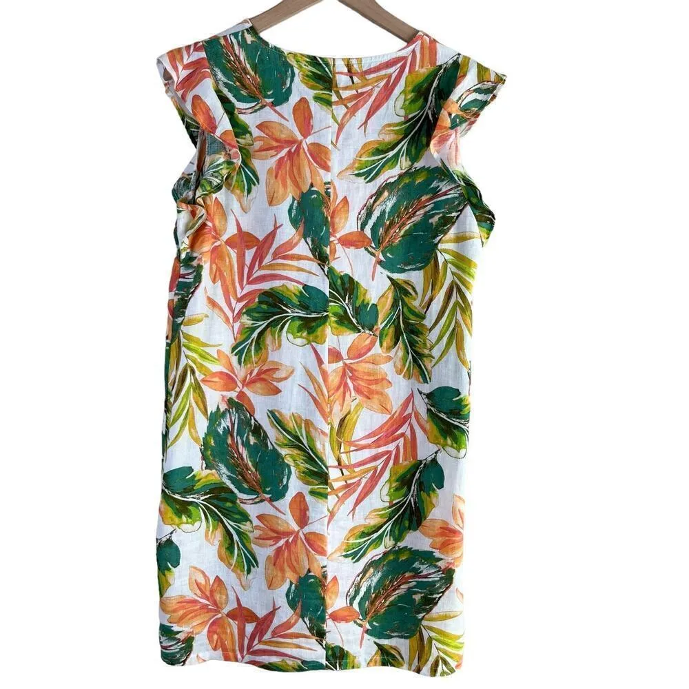 Nicole Miller Linen Tropical Print‎ Shift Dress Orange Green Flutter Sleeves, S - Image 6