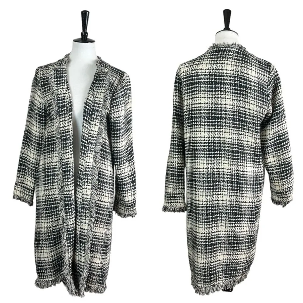 Maven West Women’s Long Jacket Open Front Fringe Black Cream Plaid Size Medium - Image 15