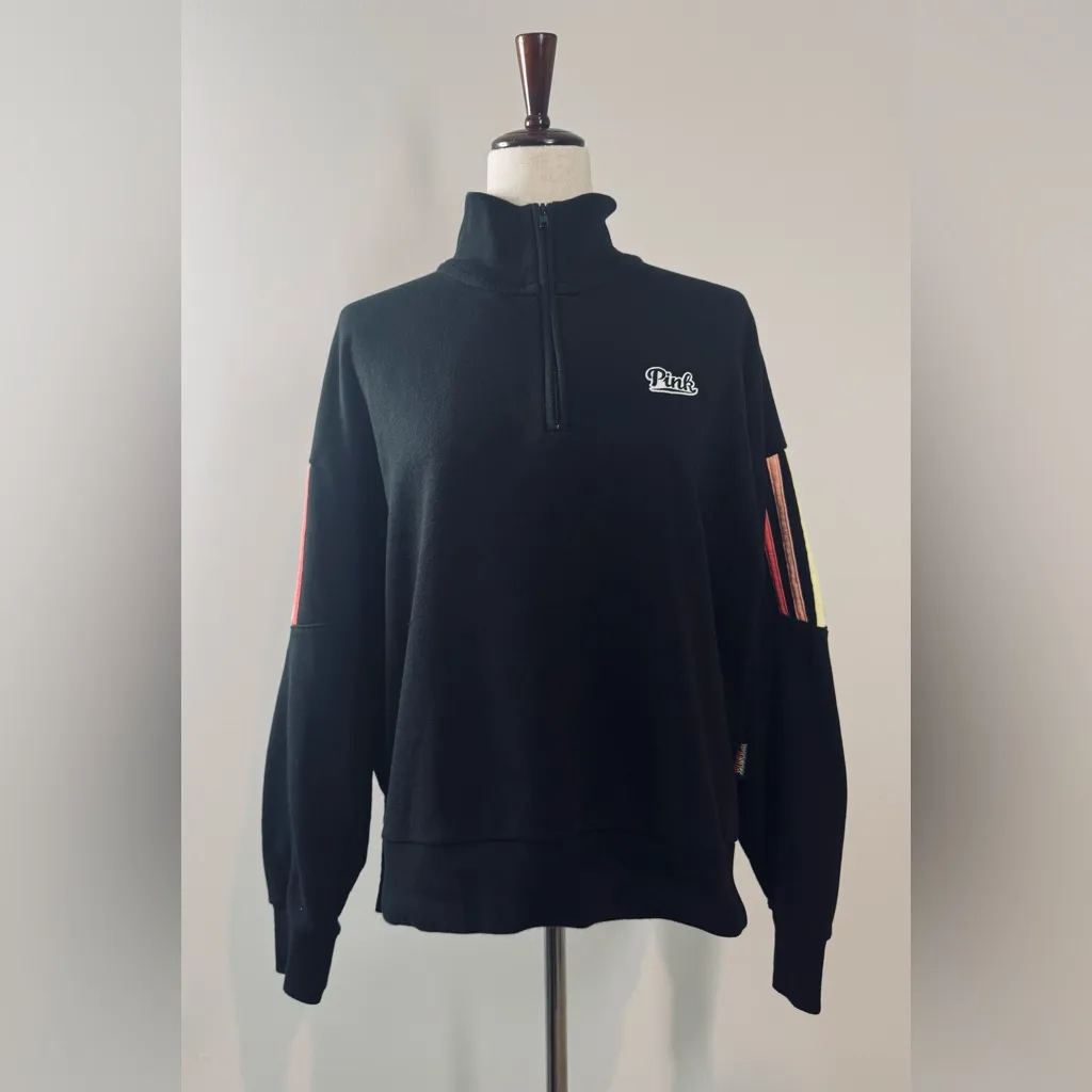 PINK Victoria's Secret Quarter Zip Rainbow Stripe Sleeve Sweatshirt Black Size M - Image 2