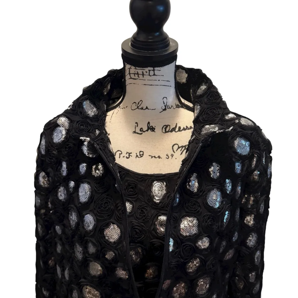 Damee Mest Floral Rosette Sequins 2pc Jacket Blouse Black Silver Size 1XL Formal - Image 2