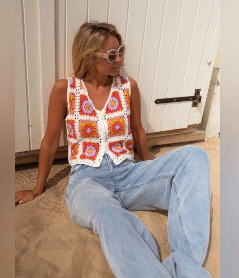 Vintage Handmade Granny Crochet Knit Button Corset Style Bustier Tank Top Vest Green Size XS - Image 5