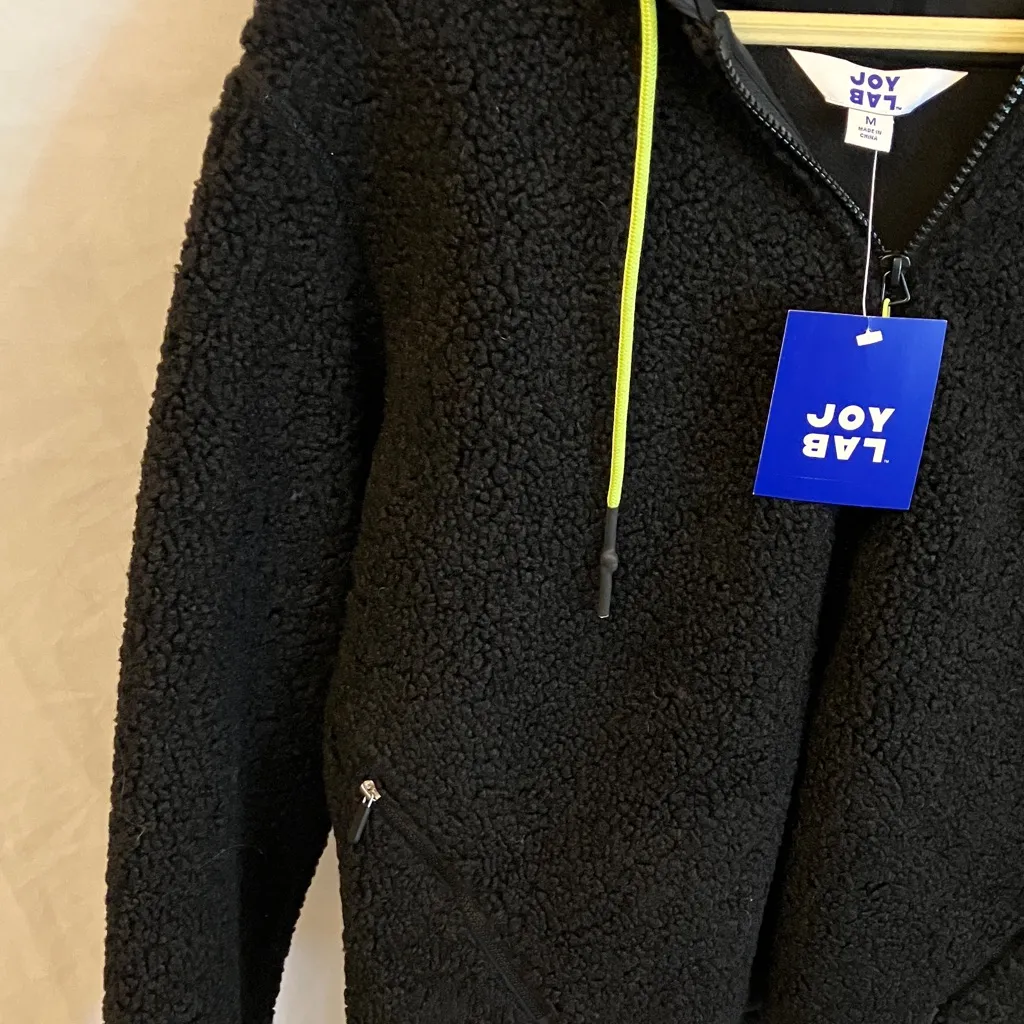 JoyLab: NWT Black Sherpa Fleece Quilted Hooded Jacket- Neon Green Accents - Image 3