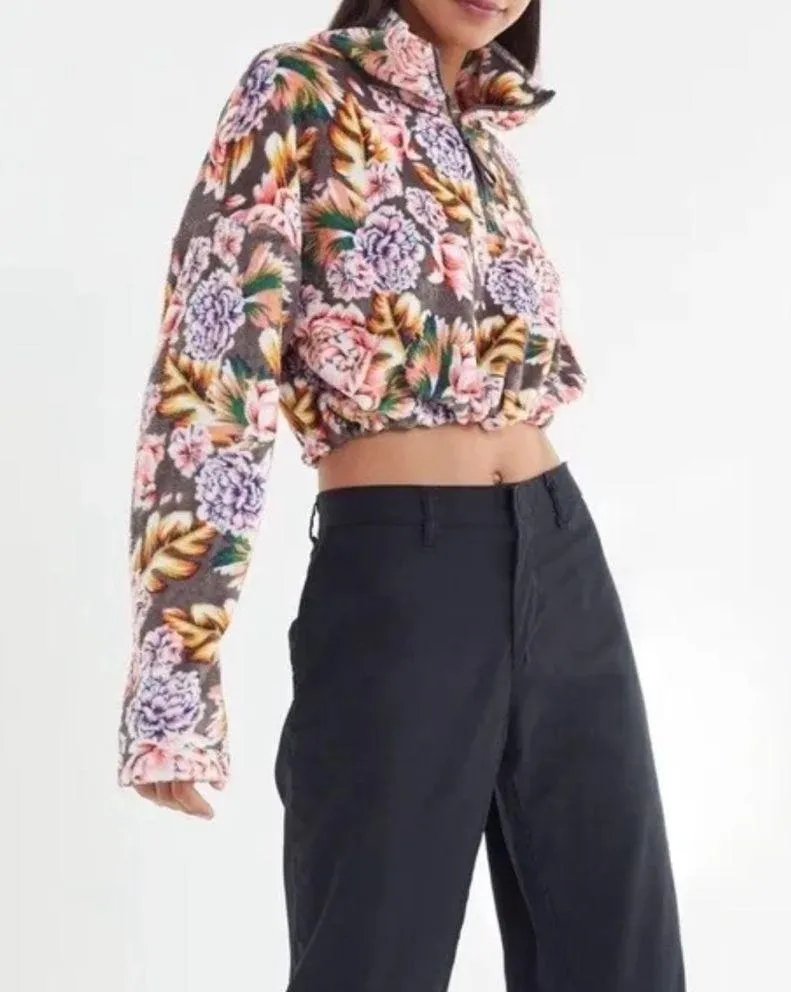 Urban Outfitters UO Angela Fleece Half Zip Cropped Floral Pullover Sweatshirt - Image 2