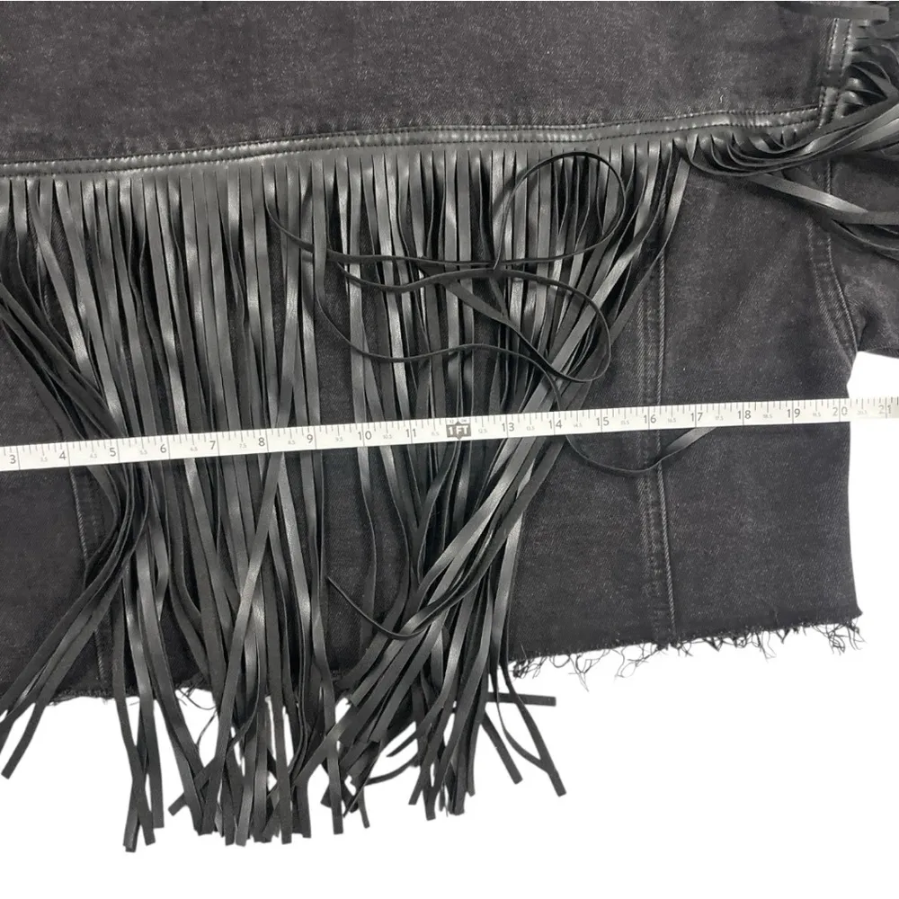 Forever 21 Fringe Black Denim Jacket Size Small Edgy‎ Rocker Grunge Chic Western - Image 9