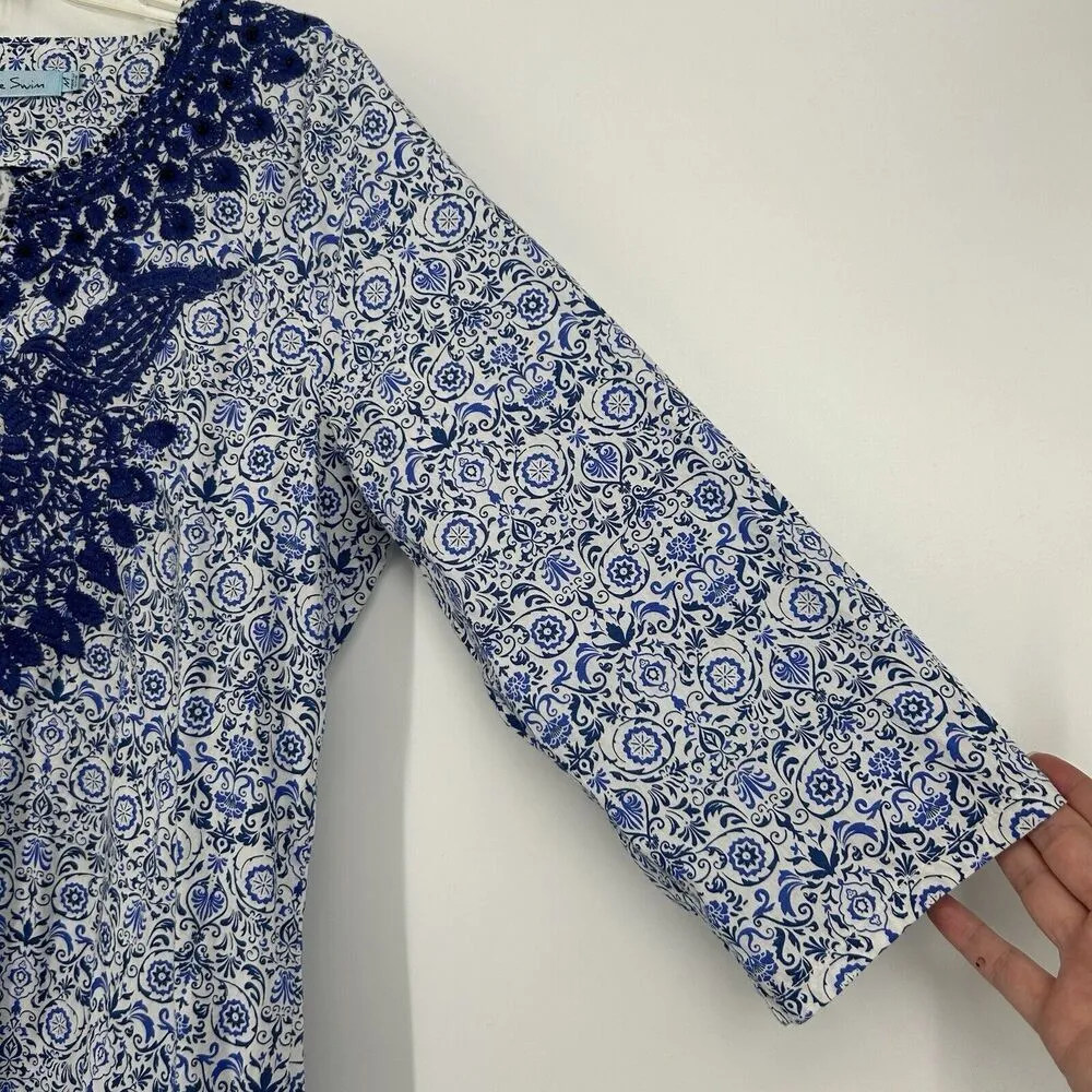 Solitaire Swim Cover Up Tunic Boho Blue Embroidered Beaded Tassels Size M - Image 4