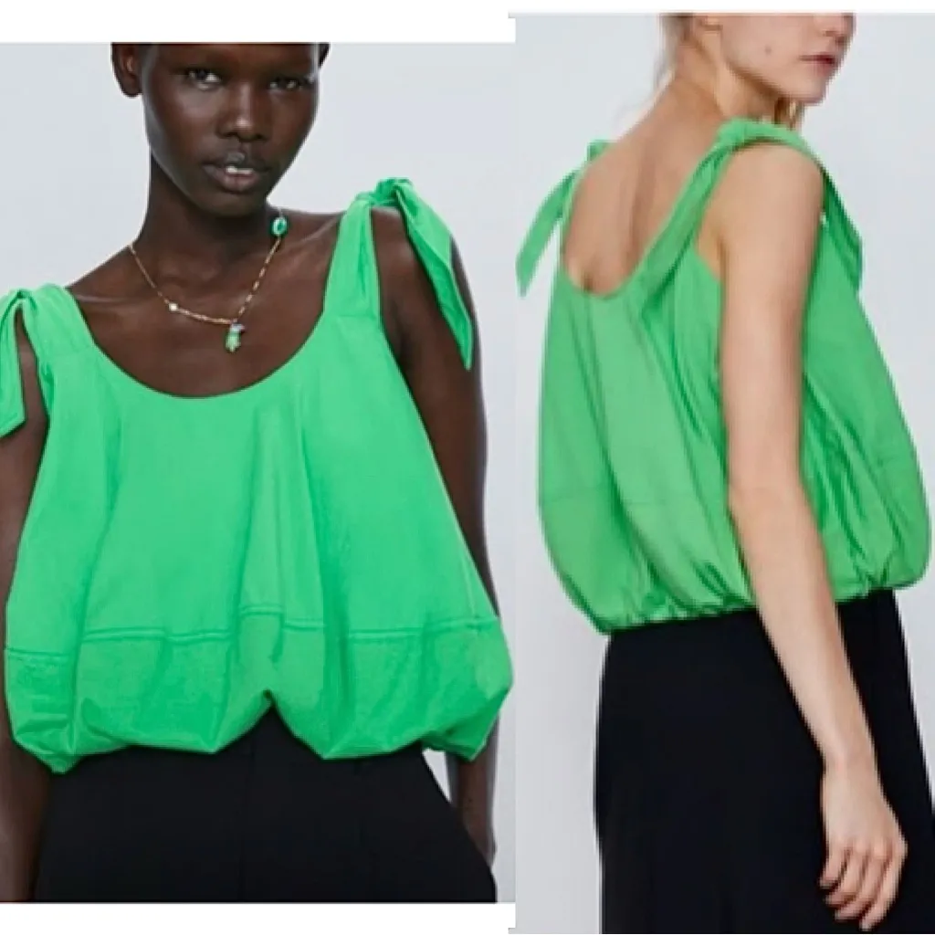 NWOT Zara Green Tie Shoulder Puff Tank Top size Medium - Image 2