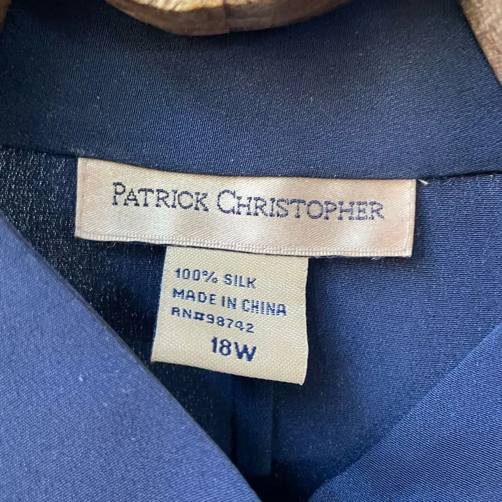 Patrick Christopher Dark Blue 100% Silk Band Collar Gold Button Blouse 18W - Image 4