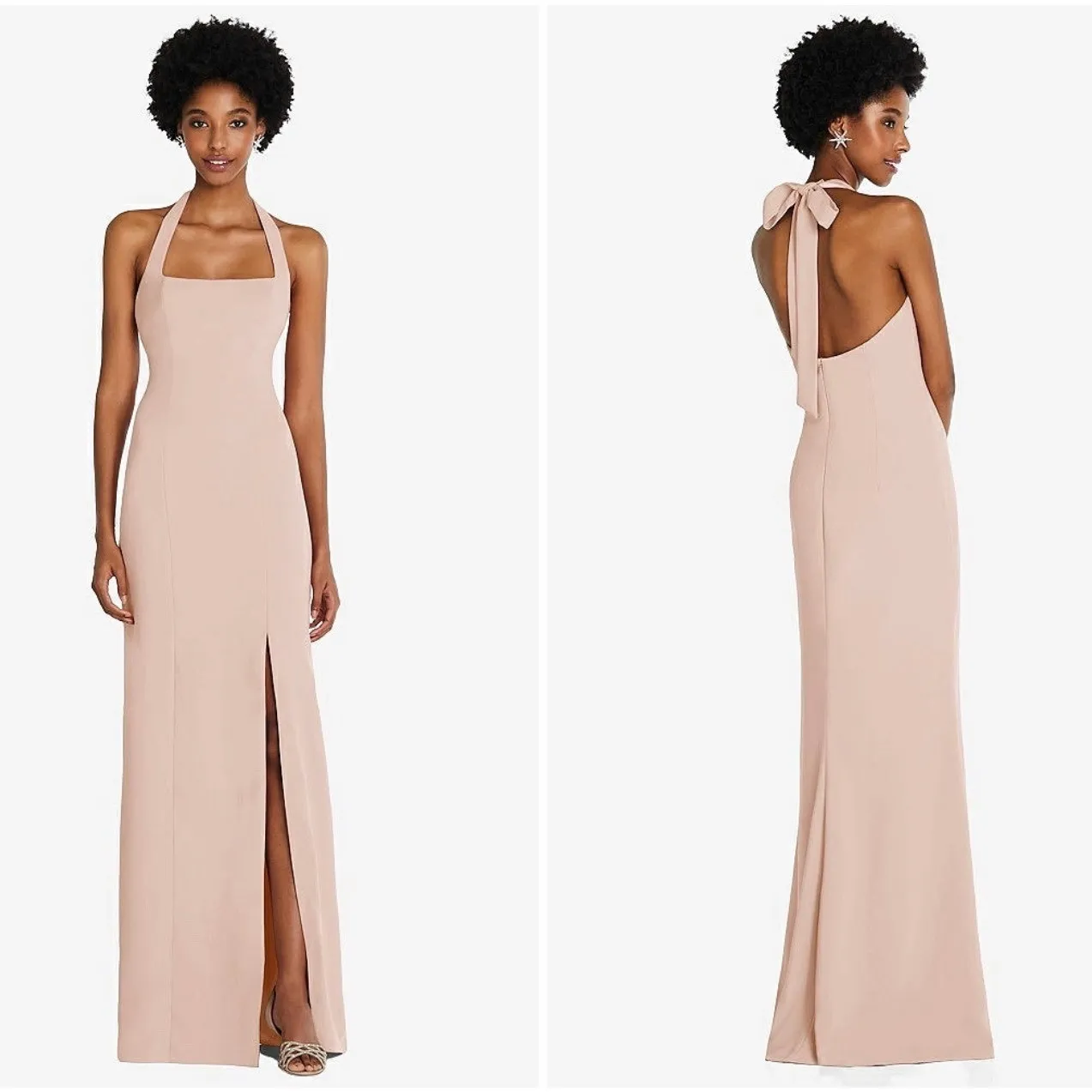 Thread Tie Halter Open Back Trumpet Gown In Cameo Size M Tan Size M - Image 13